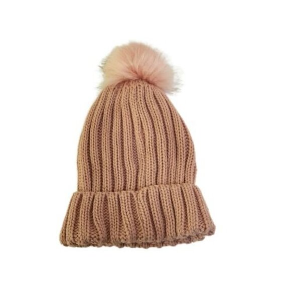 Pale Pink CableKnit Faux Fur Pom Knit Beanie One Size - Picture 4 of 5